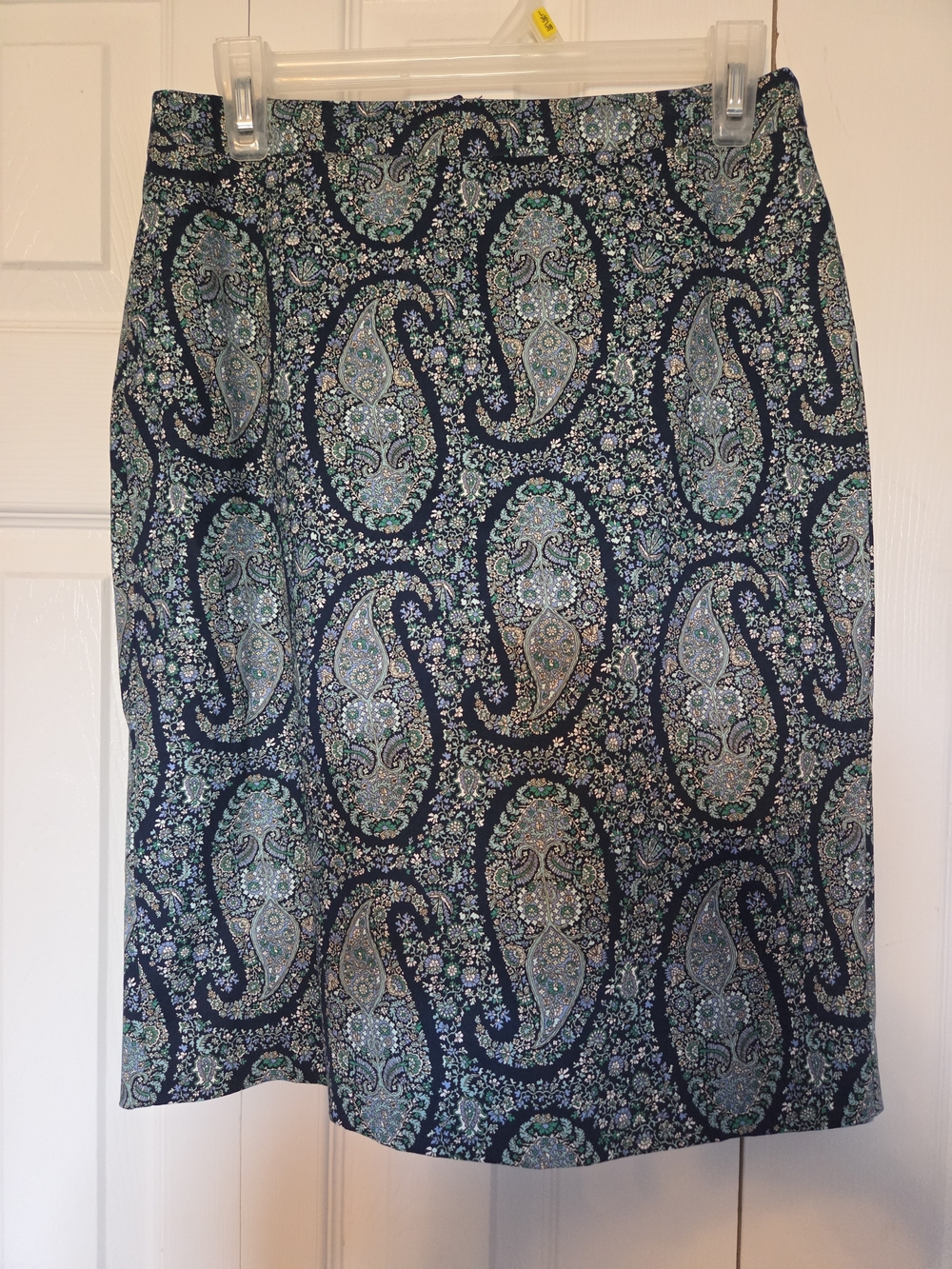J. Crew Navy Paisley Pencil Skirt with Teal, Light Blue & White